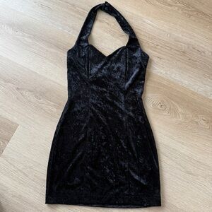 Vintage 90s Black Crushed Velvet Halter Sweetheart Neckline Cocktail Dress